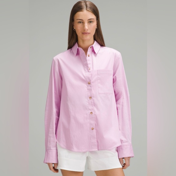 NEW Lululemon Vita Pink Relaxed Fit Button Down Shirt, Cotton Blend Poplin L - Picture 3 of 8